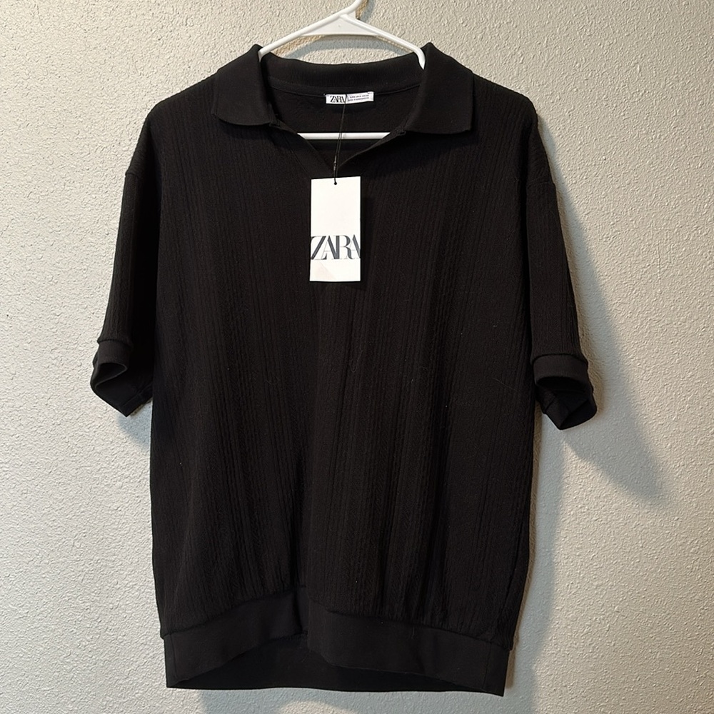 NWT Zara Black Short Sleeve Knit Collared Shirt - Small